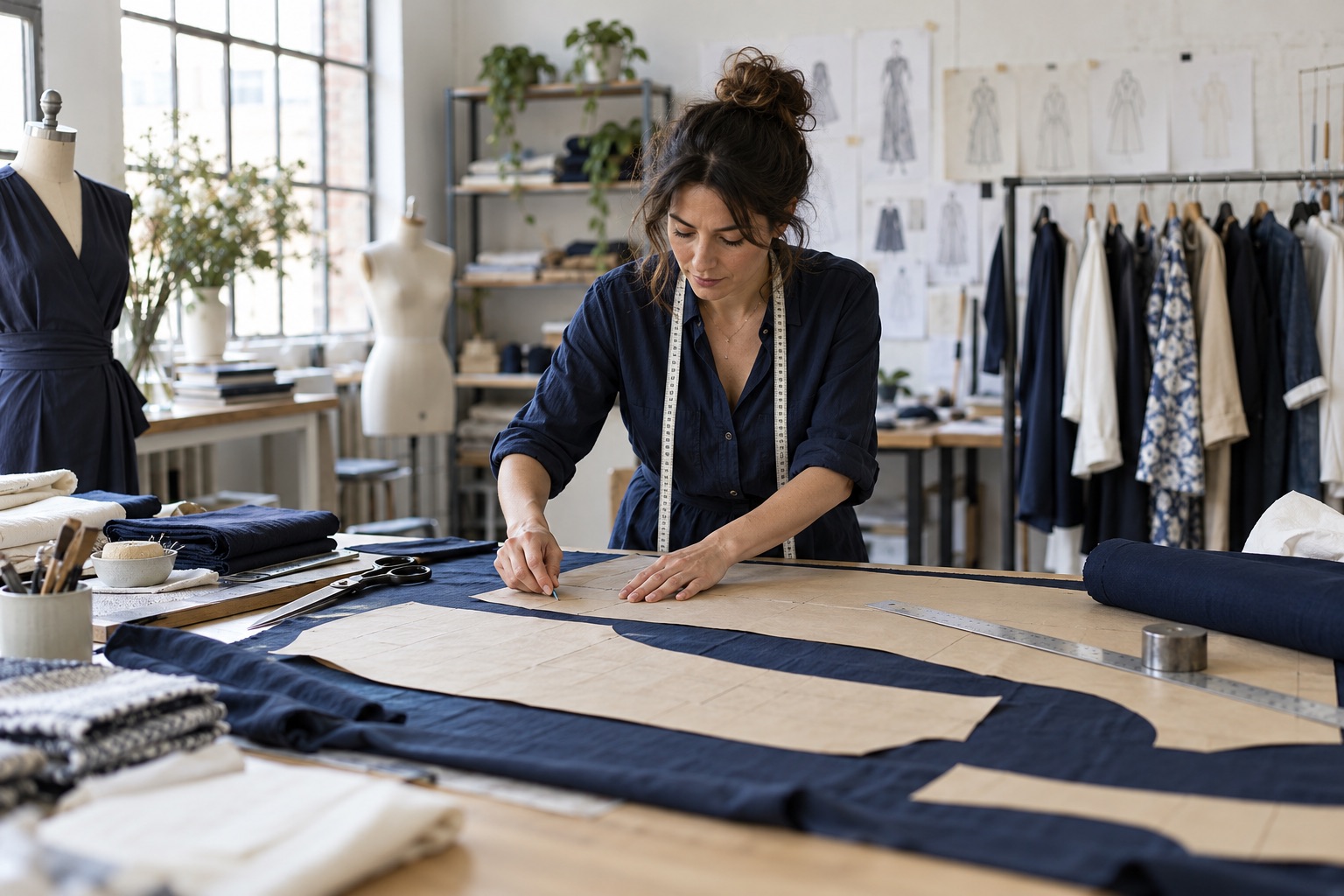 Moda tasarımcısı, kumaşlar ve kalıp üzerinde çalışırken